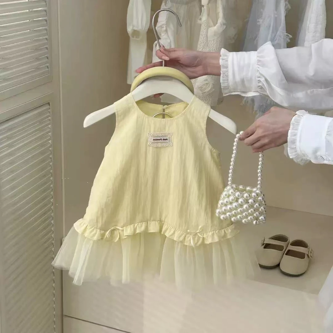 【伊品】韩版童装2025新款夏季女童无袖背心裙女宝宝洋气网纱拼接