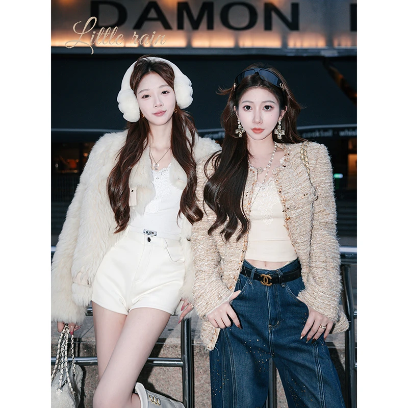 小雨姐姐【金穗香风】休闲亮丝复古法式小香风夹棉外套女冬季新款