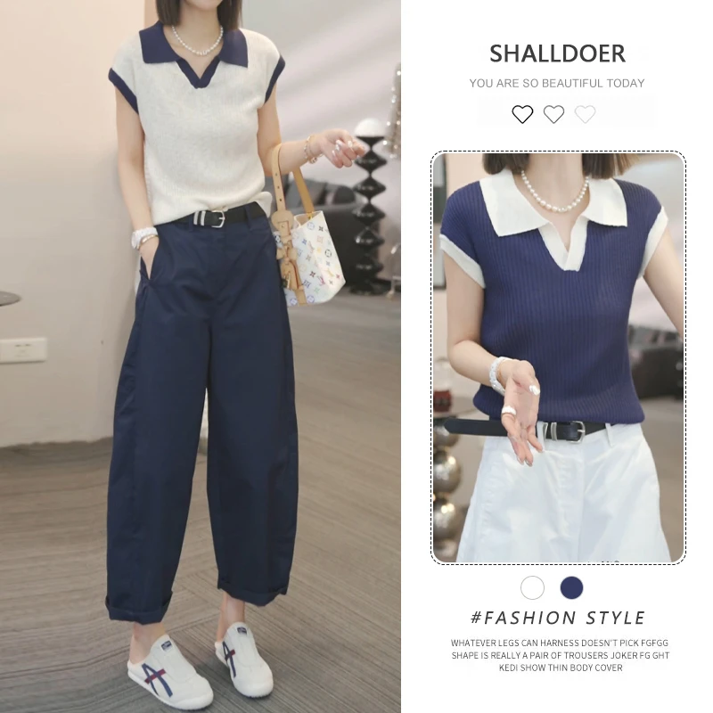 今年流行新款时尚V领短袖休闲裤两件套女士高级感休闲减龄套装