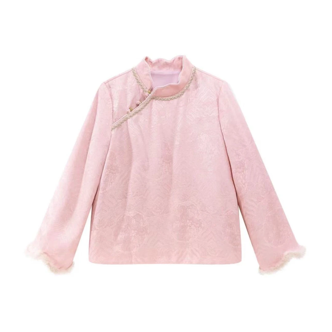 【蝶恋】深圳原创新中式女装桑蚕丝秋冬水貂毛夹棉上衣91073