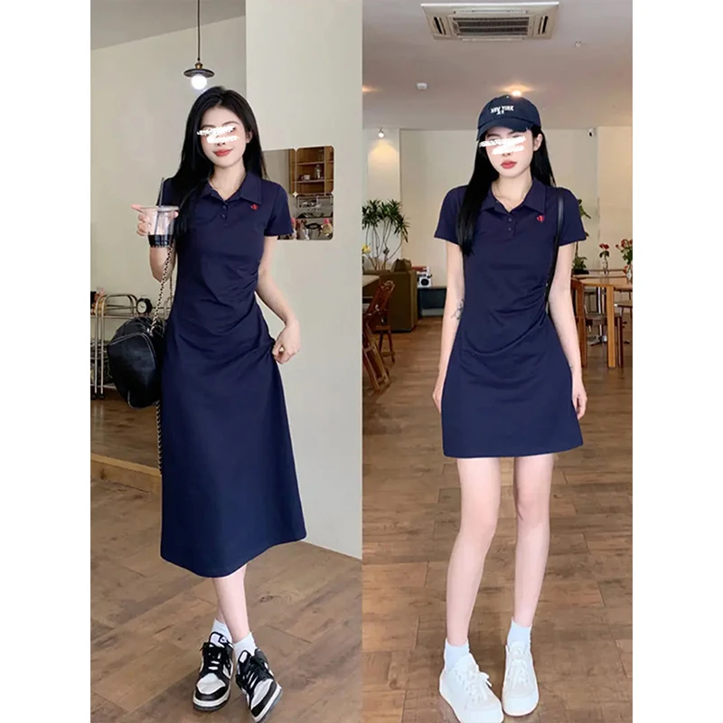 Moses Queen/魔西女王POLO领刺绣短袖连衣裙抽褶收腰长款A字裙女