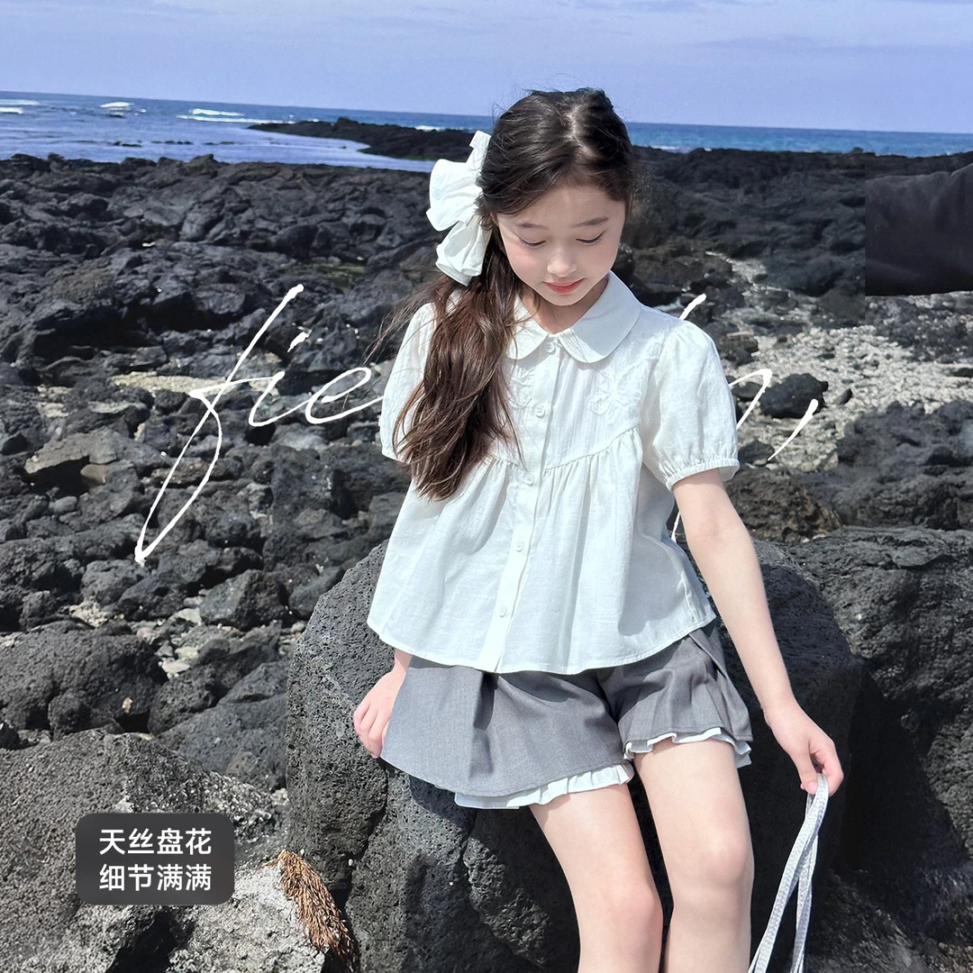 【白山茶】蓝小爸童装女童法式绣花娃娃衫夏季新款儿童短袖衬衣