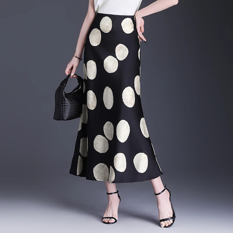 复古波点半身裙春夏季鱼尾长裙及踝包臀裙印花高腰显瘦一步裙女