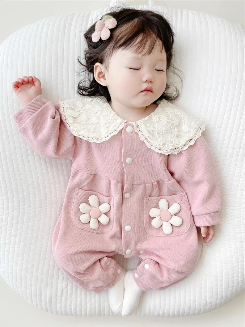 新生婴儿春秋韩版连体衣女宝宝洋气哈衣满月公主春秋爬服周岁礼服