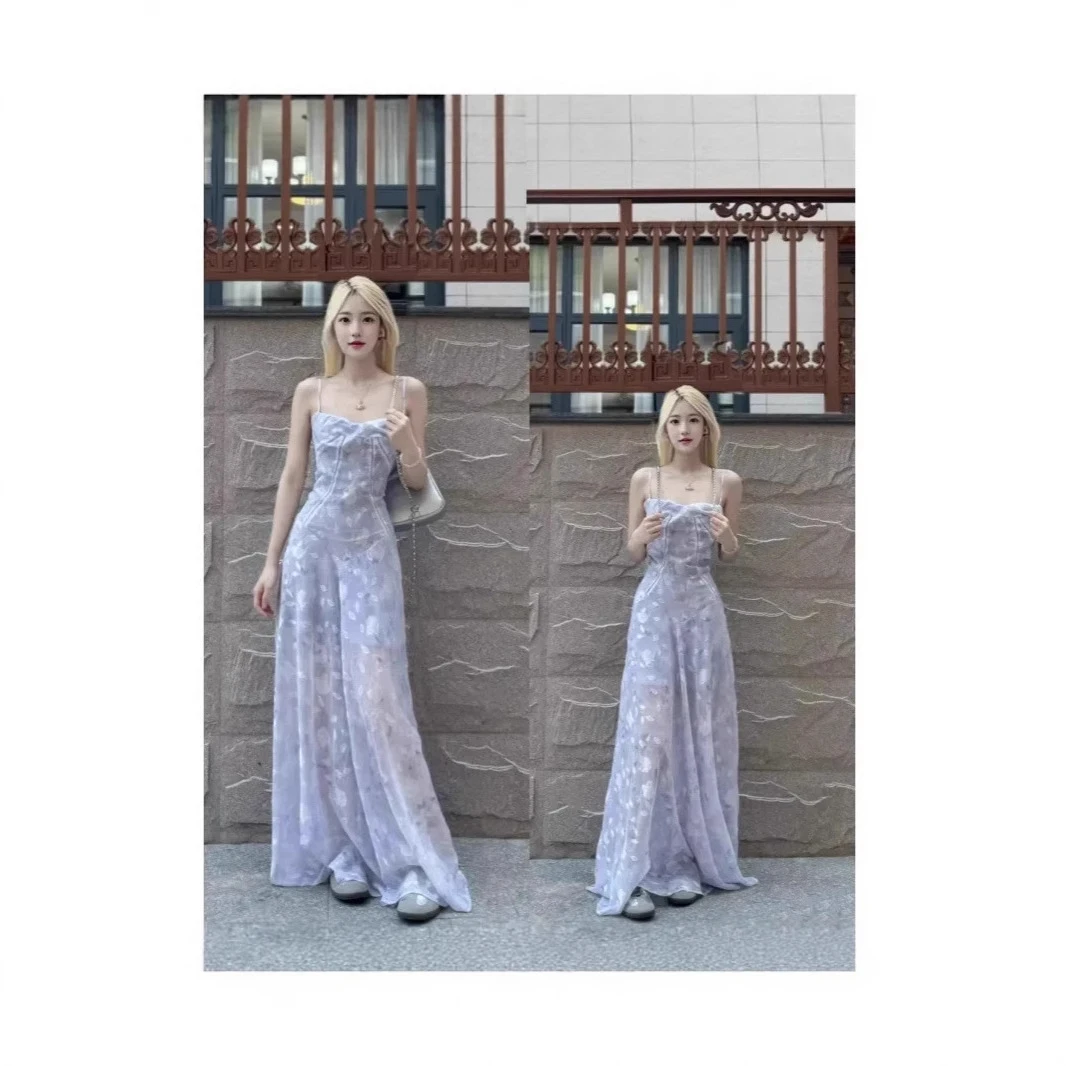 蓝色浪漫气质独特拼接收腰碎花长裙优雅海边度假连衣裙