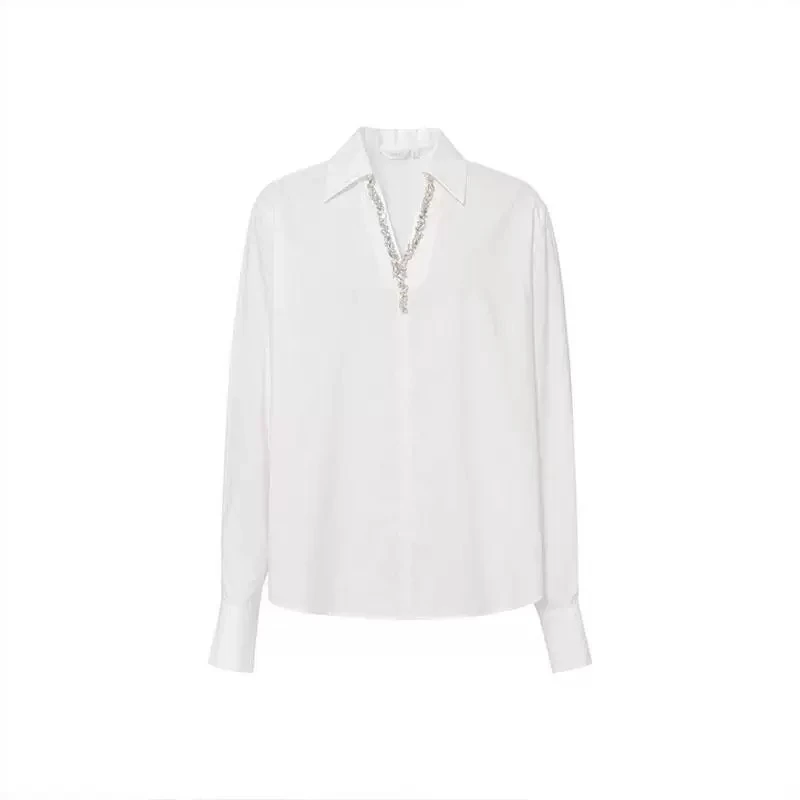 1322春季新款V领领口钉珠设计衬衫女春季百搭设计上衣女