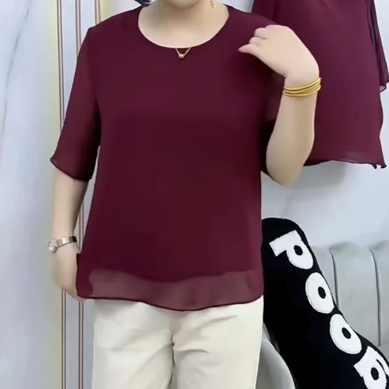 中老年气质珍珠纱小衫宽松显瘦夏季妈妈装T恤圆领休闲洋气上衣