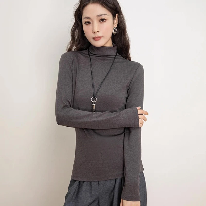 羊毛美雅碧内搭修身显瘦圆领半领长袖打底衫女士薄款恒温保暖