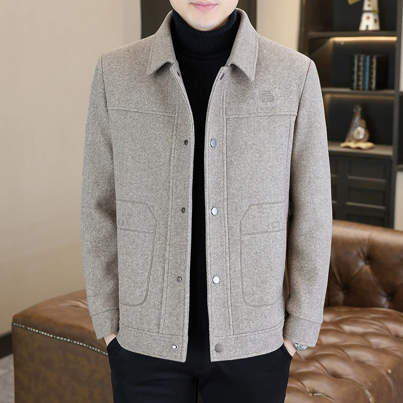 新款男士毛呢外套秋冬休闲纯色翻领夹克短款大衣帅气百搭男装上衣