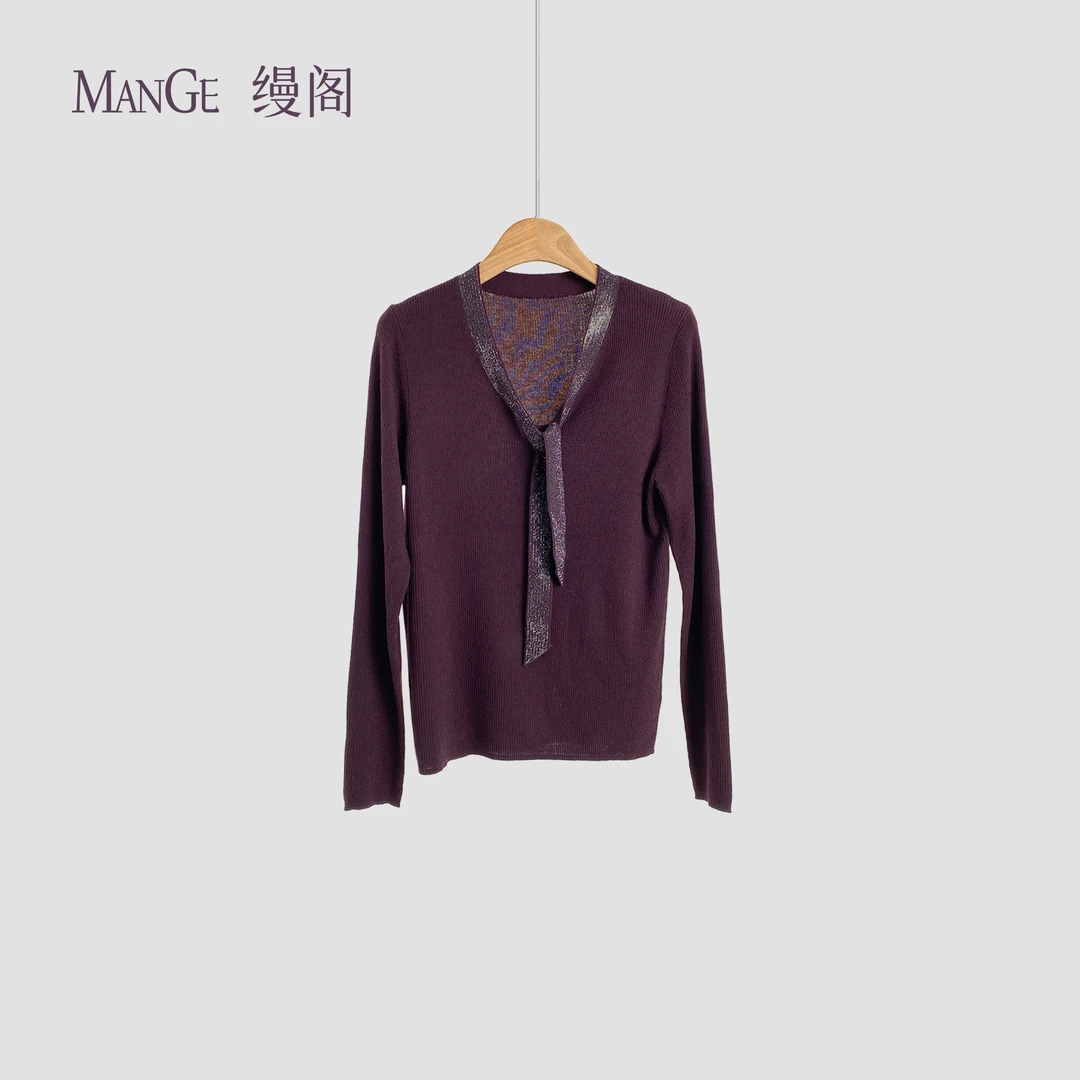 MANGE缦阁 绵羊毛混纺 知性优雅风 飘带领设计 毛针织衫上衣