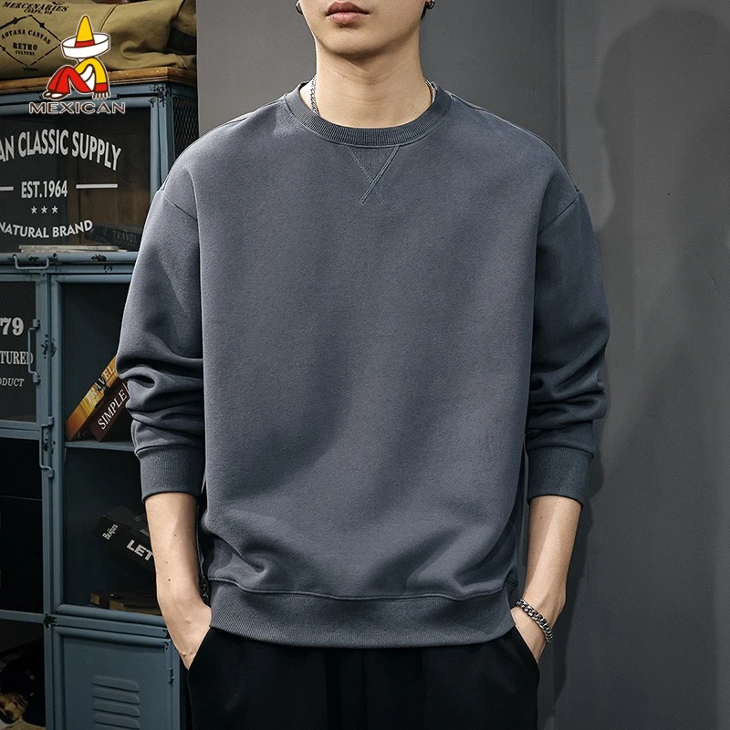 Mexican/稻草人秋季简约纯色卫衣男款美式休闲宽松大码百搭打底衫