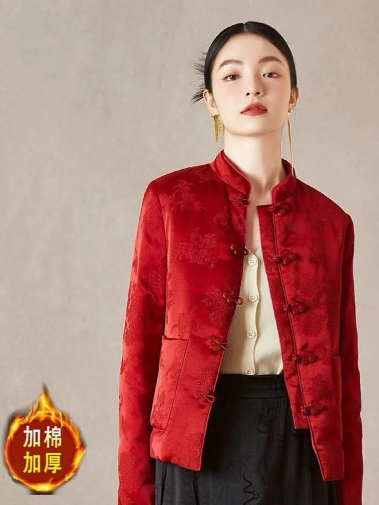 2025中国风缎面红色提花棉衣女式唐装盘扣立领棉服中式短款棉外套