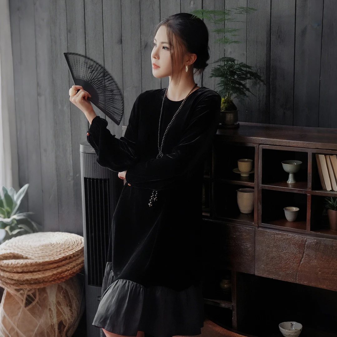 溶溶【玉墨凝烟】RONGRONG 100桑蚕丝内里丝绒香云纱连衣裙JS597