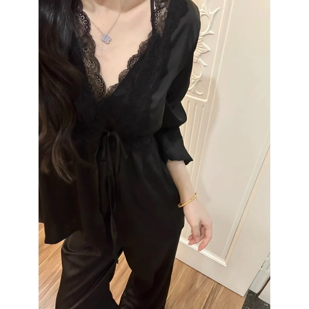 法式纯欲风冰丝睡衣女春秋款2025年新款高级情调大码家居服三件套