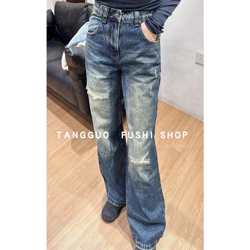 【福利】69826无弹水洗高腰牛仔裤『破洞有垫布』阔腿裤显瘦长裤女