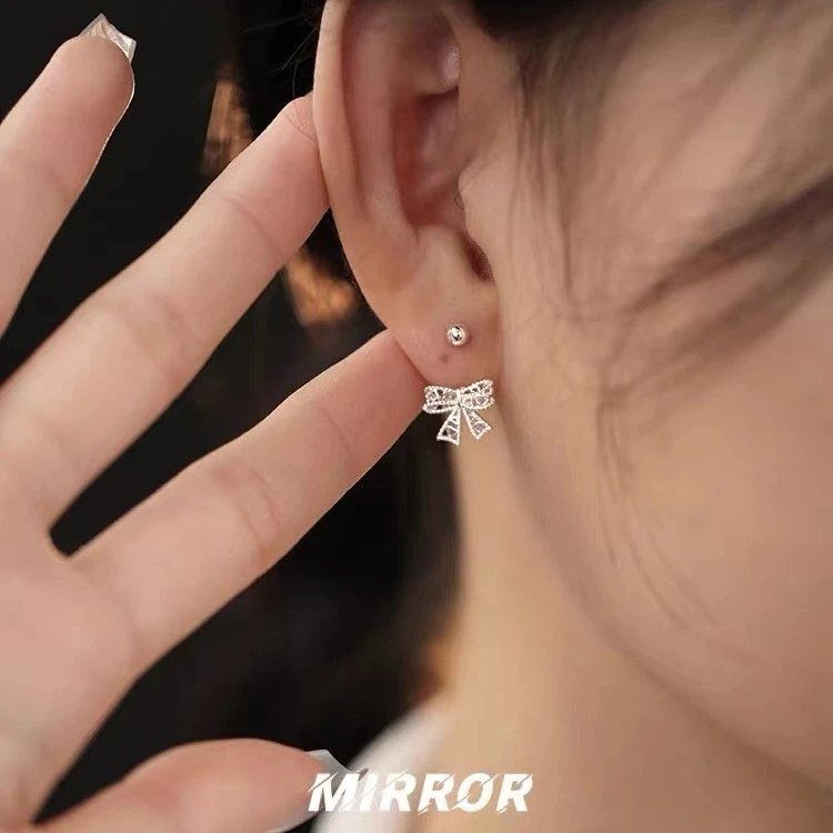 铁合金大理石耳饰 925纯银针镂空蝴蝶结耳钉女耳环耳饰小巧防丢设