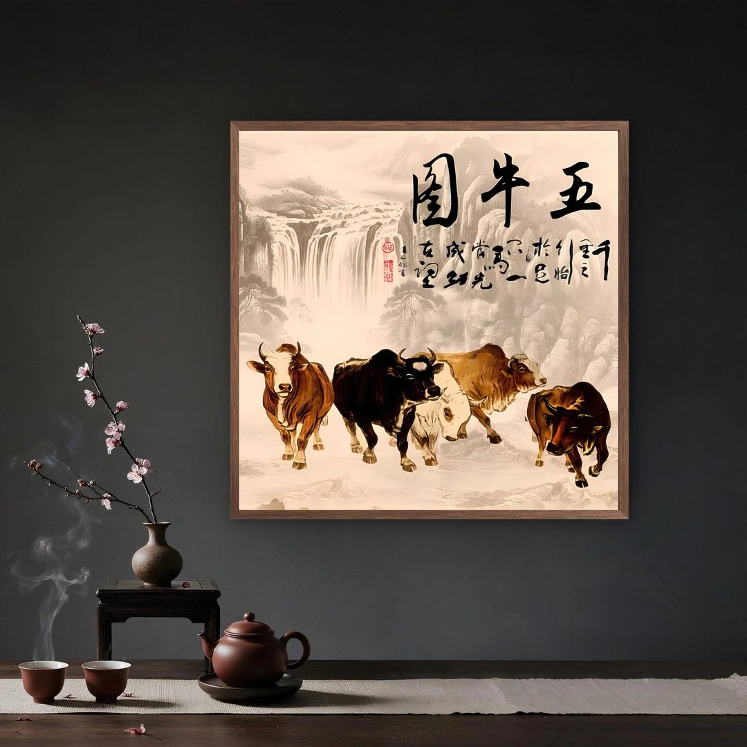 108-35*68五牛图中式装饰画木框玄关书房茶室客厅挂画