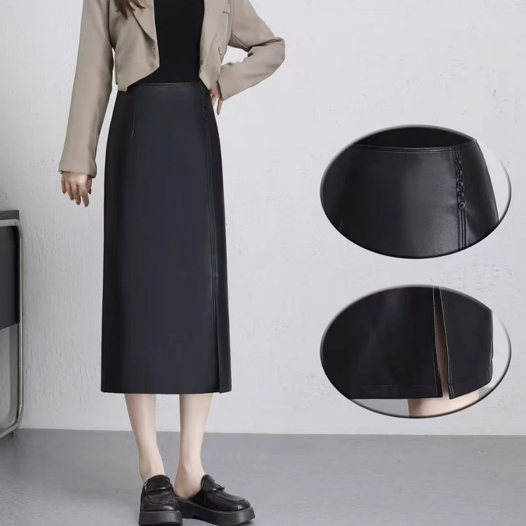 高腰中长蛋白皮半身裙女秋冬新款时尚通勤开叉一步裙皮裙包臀裙