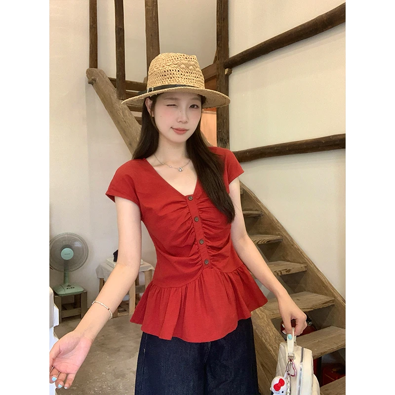 大码复古荷叶边V领褶皱短袖衬衫女胖妹妹夏季设计感收腰显瘦上衣