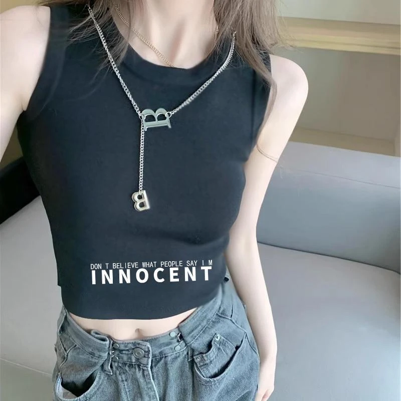 字母坎肩吊带背心女百搭新款夏季短款无袖打底辣妹外穿紧身上衣服