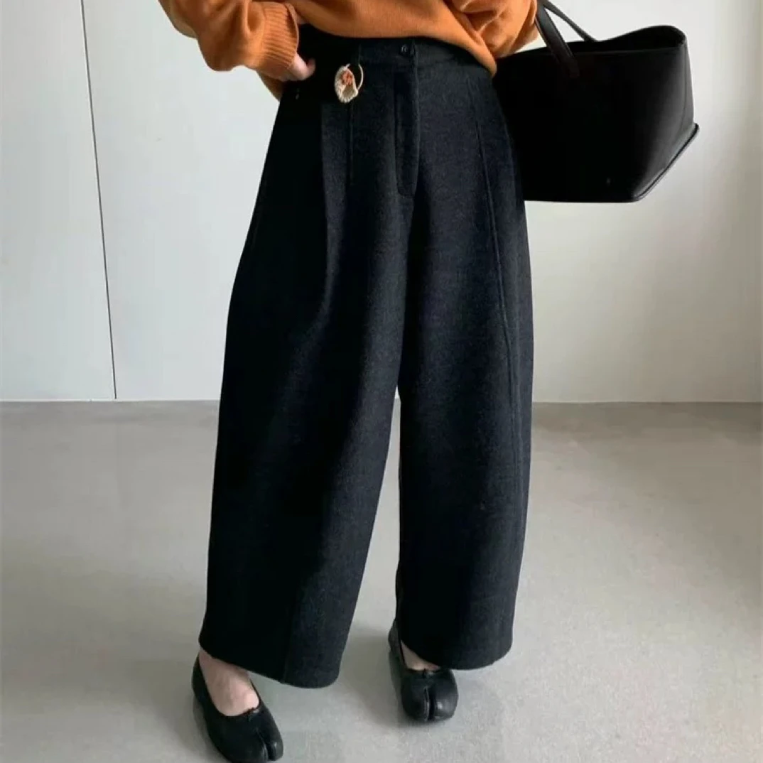 冬季韩系慵懒风加绒加厚毛呢阔腿裤女宽松显瘦百搭休闲高腰气球裤