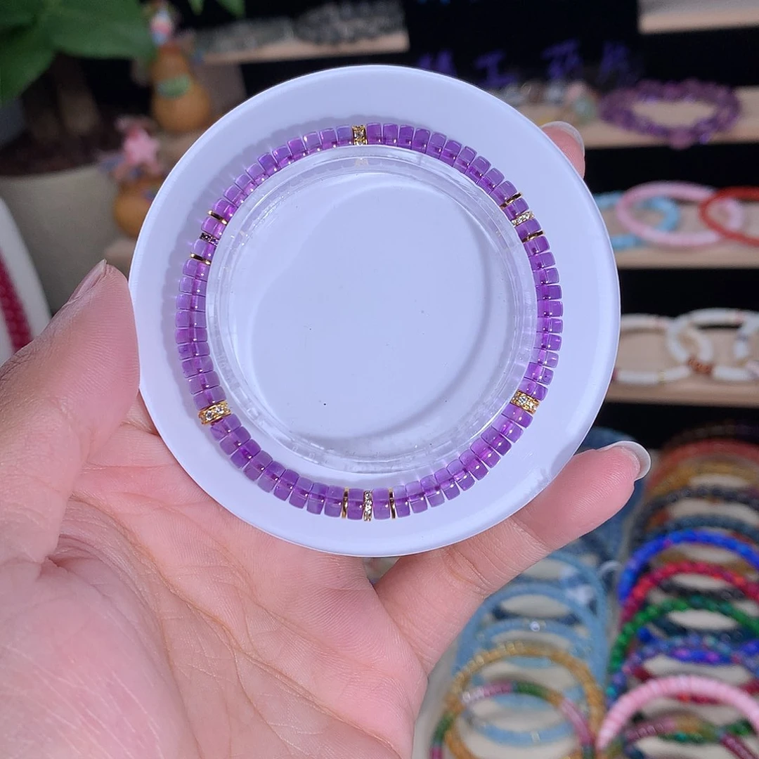 银S925镶嵌手串紫晶克*乔精工药片巴西紫水晶5mm