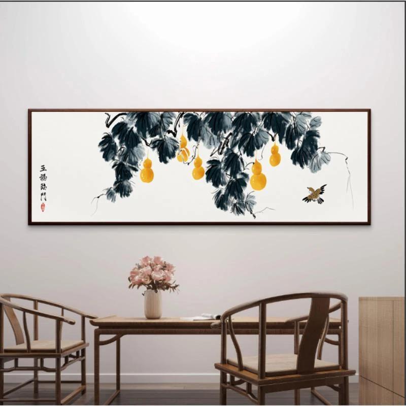 201-40*150新中式五福临门横版福禄床头挂画客厅餐厅茶室装饰画