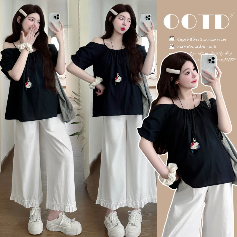 孕妇装实拍 新款2025法式泡泡袖设计感露肩宽松孕妇衫+白色阔腿裤