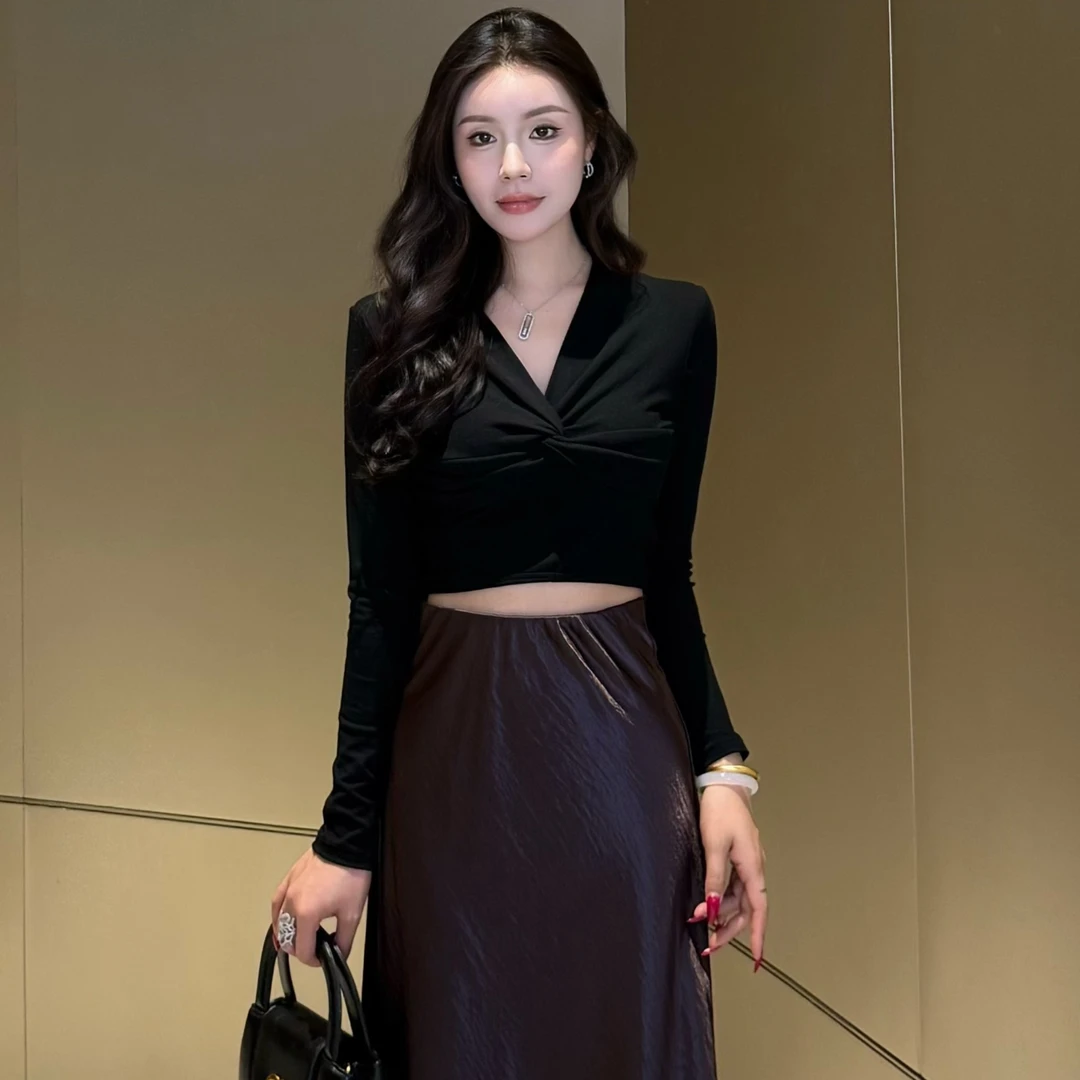 纯欲风辣妹V领T恤衫女秋季新款韩版高腰短款ins上衣