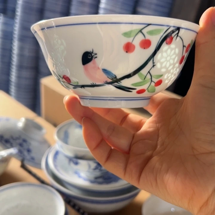 陶瓷手绘雕刻5寸花鸟小饭碗