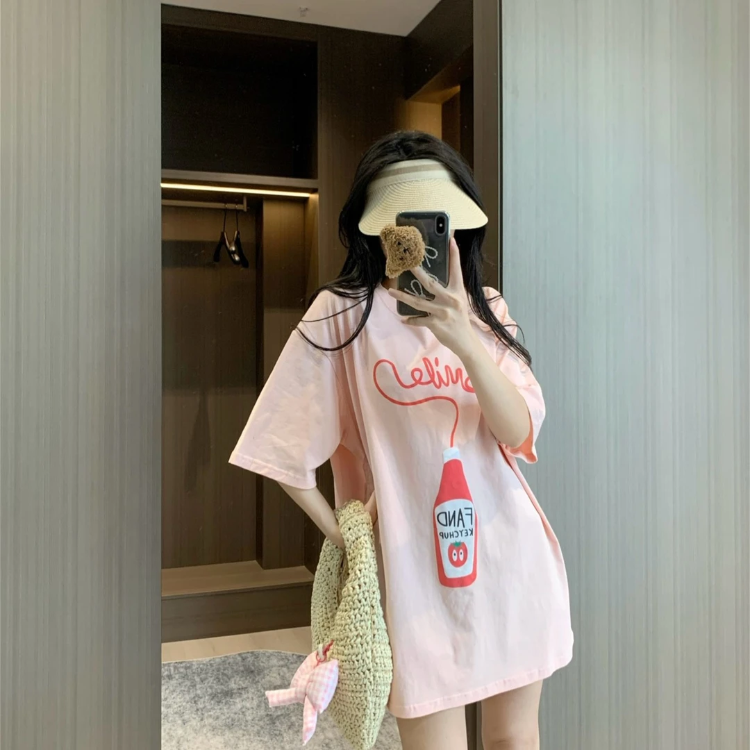 短袖t恤女2025夏季新款纯棉宽松美式设计感印花半袖体恤上衣甜美