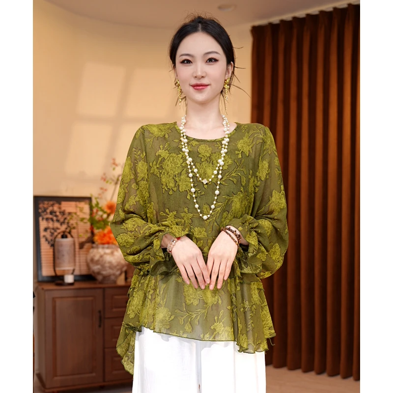 125/拼接蕾丝长袖国风西装领印花荷叶边衬衣打底衫小衫