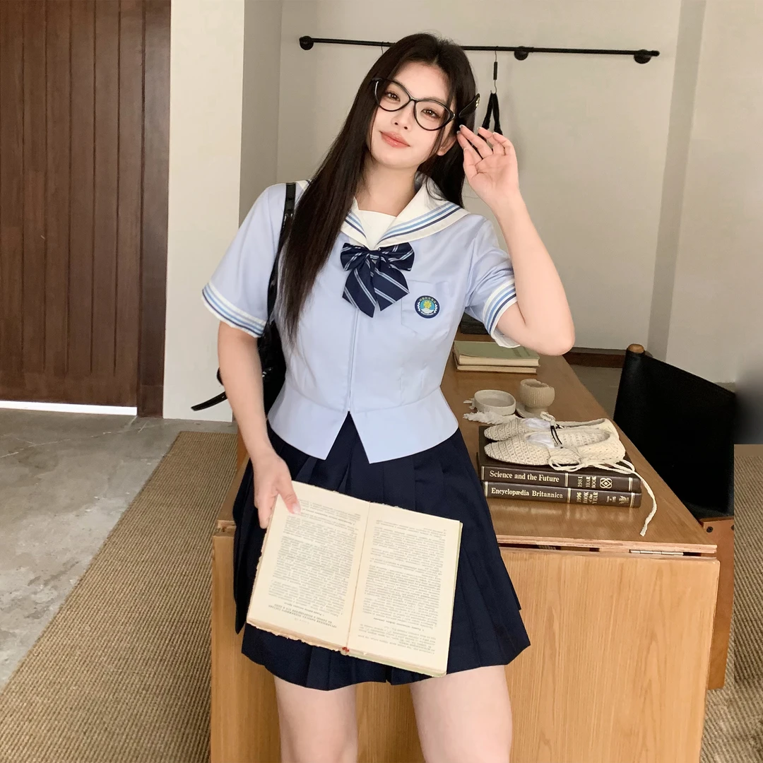 阿车家的大码jk胖mm原创短袖收腰水手服百褶裙百搭显瘦学院风套装