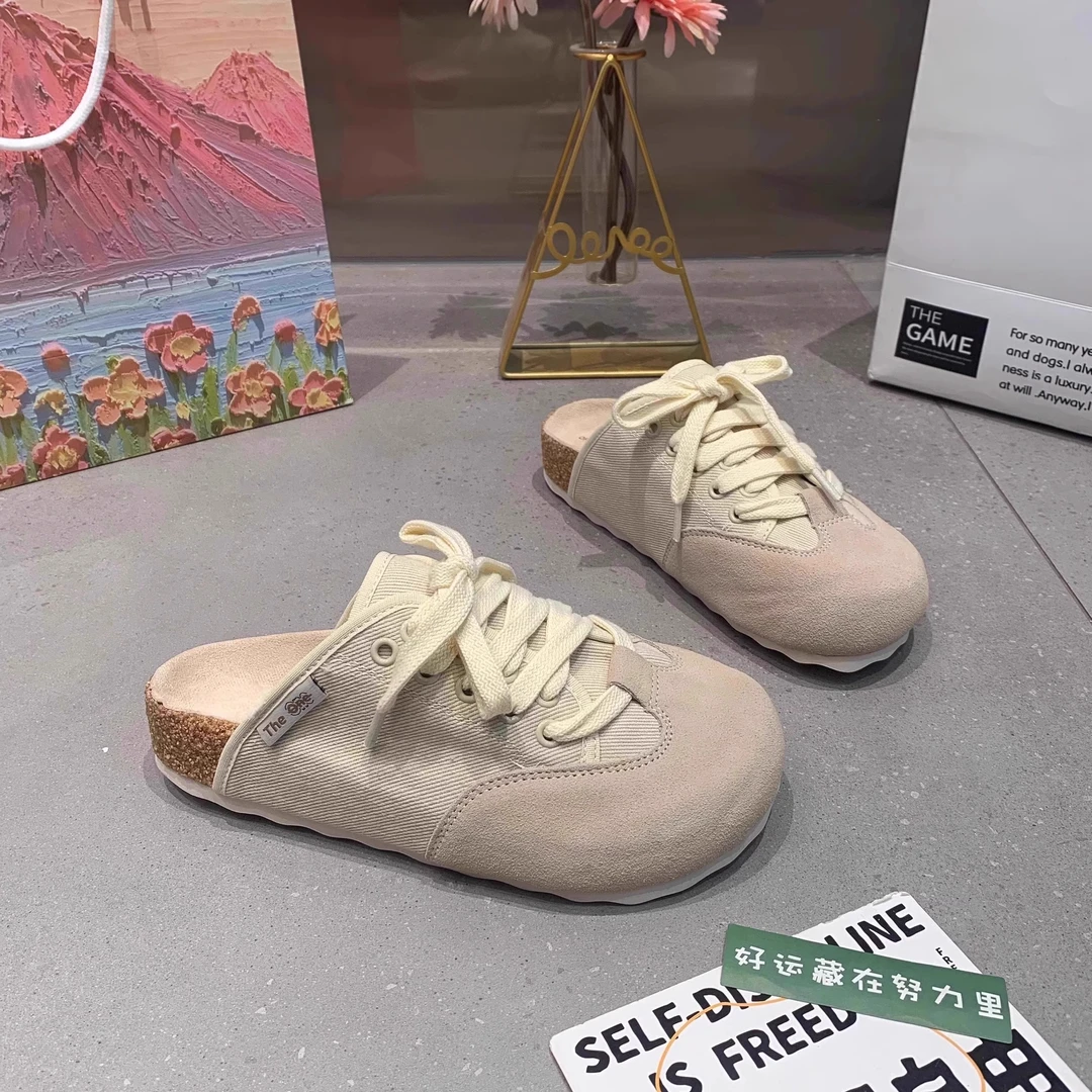 【万象撤柜】系带帆布鞋外穿2025夏季新款包头半拖鞋女平底休闲凉拖