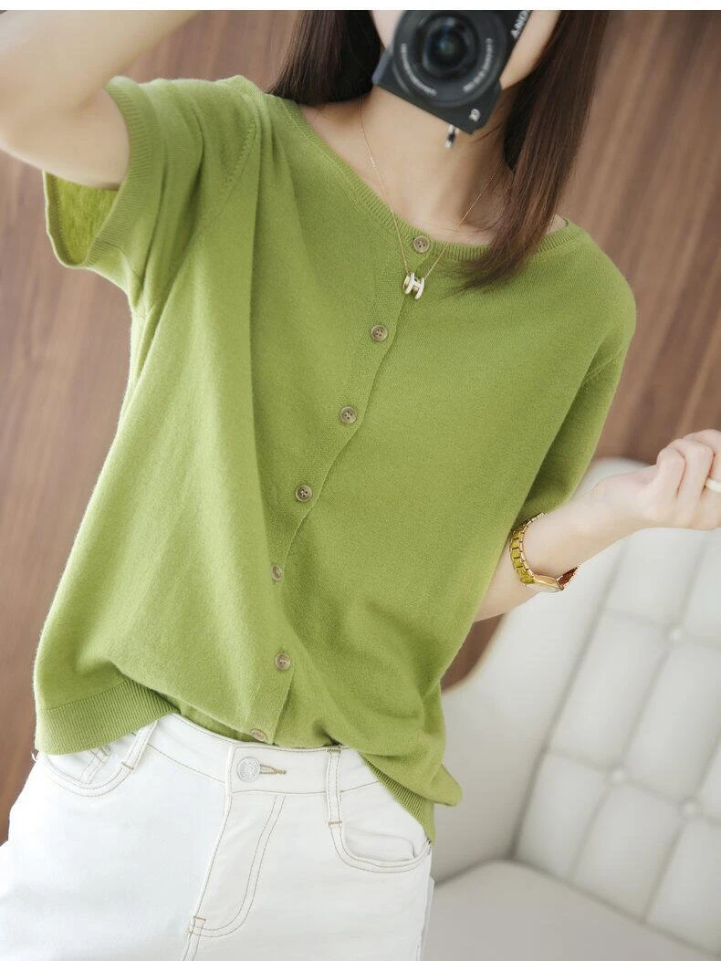 大码冰丝短袖t恤女开衫宽松新款时尚百搭显瘦上衣洋气薄款针织衫