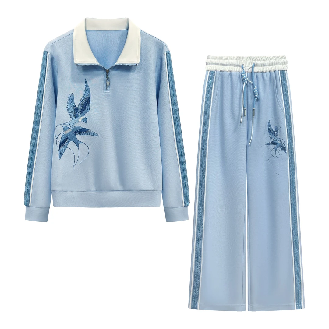 2025春季新款时尚烫钻百搭休闲蓝色上衣套装#6601/6602