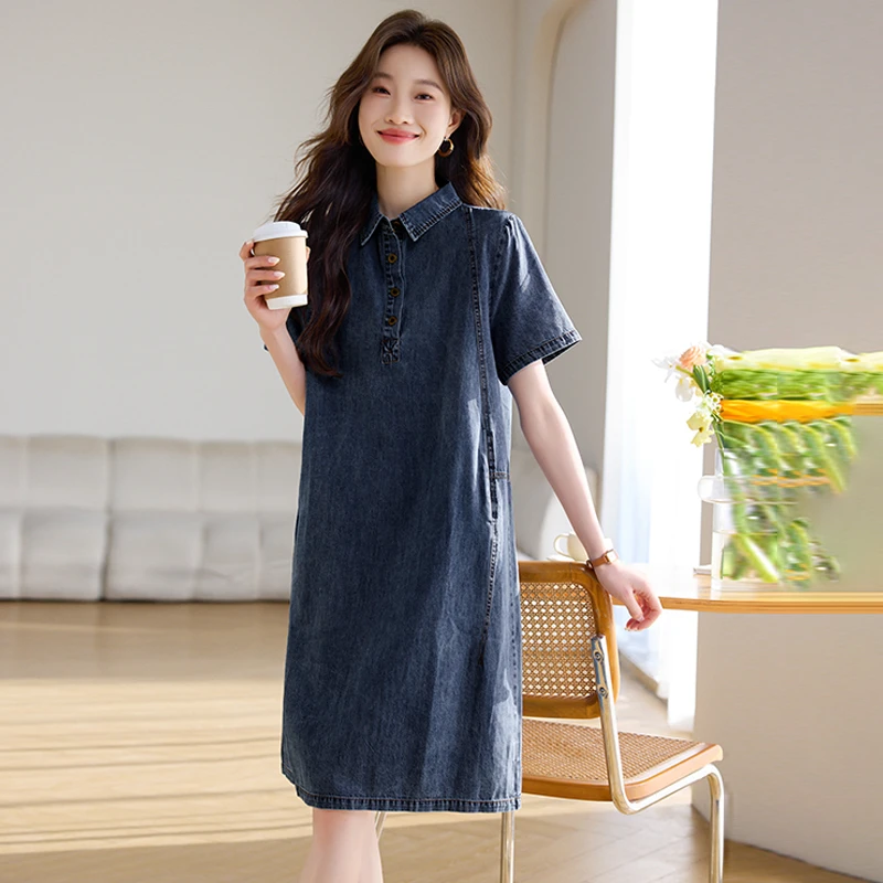 8535-休闲翻领显瘦大码牛仔连衣裙气质复古裙子中长款