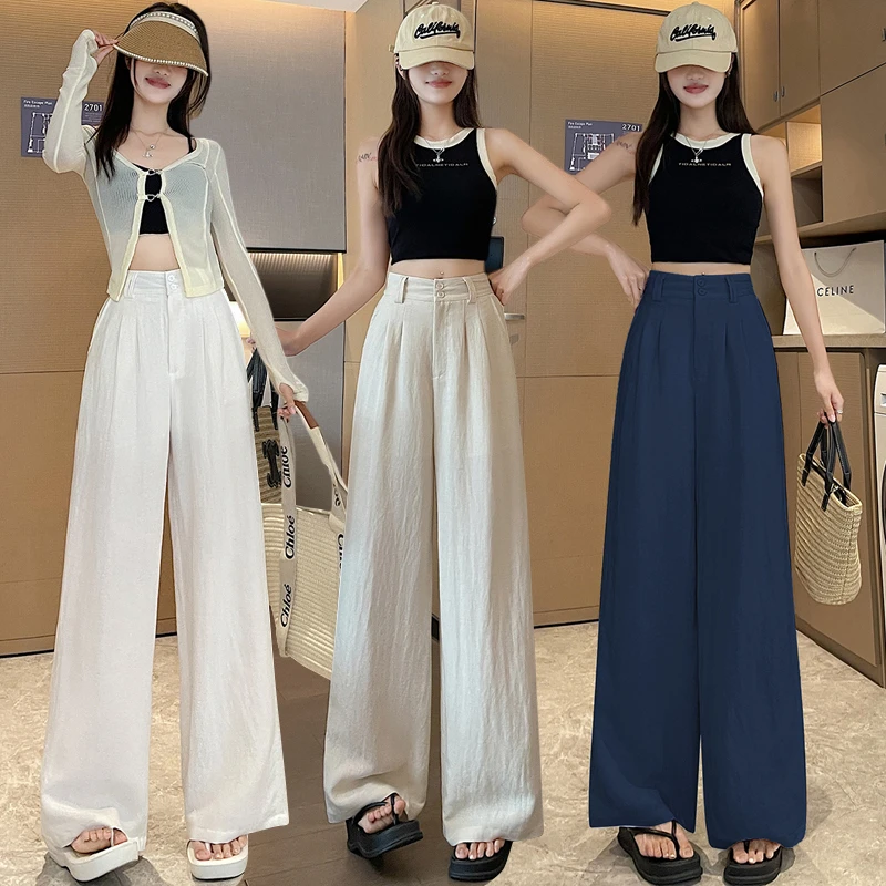 西装裤女2025夏季天丝亚麻阔腿裤直筒休闲松紧山本裤