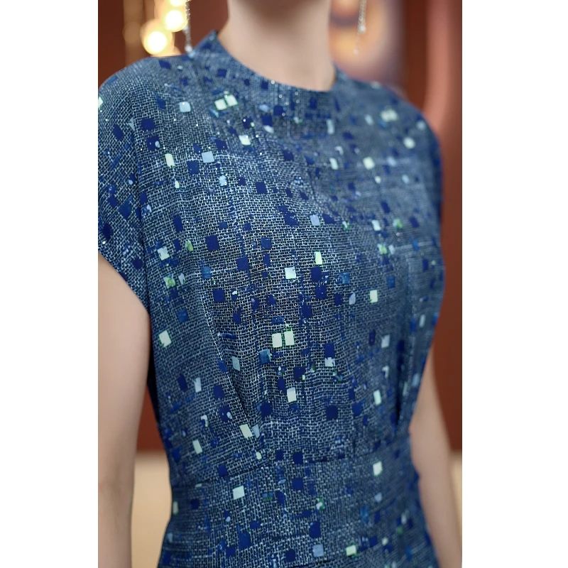 0505夏季新款蓝色复古格纹系带收腰连衣裙宽松遮肉显瘦裙子