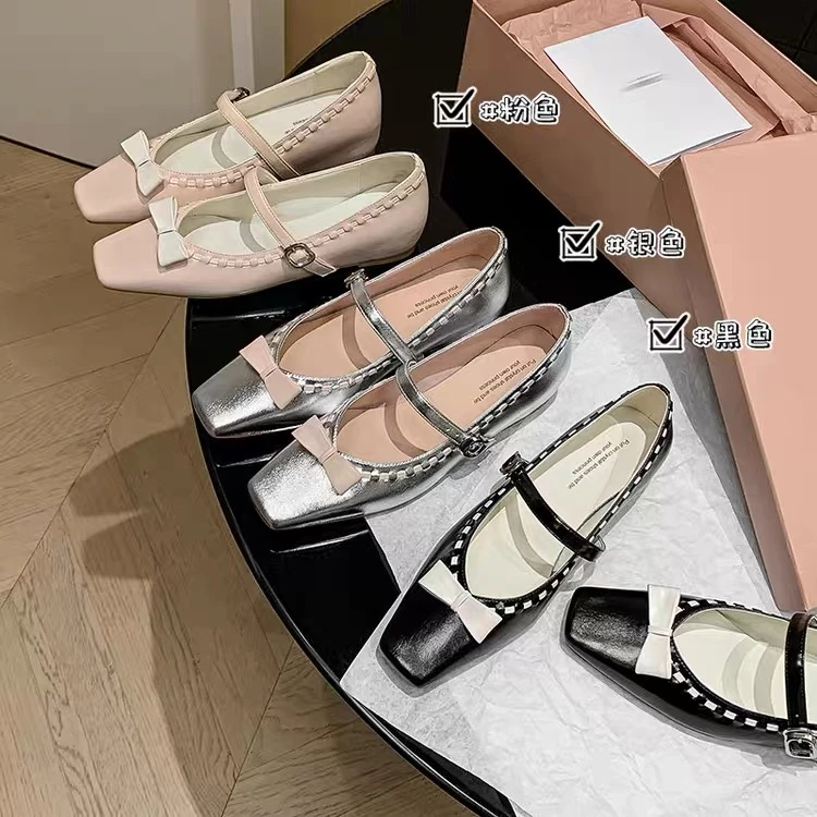 蝴蝶结方头修面拼色增高浅口单鞋时尚低跟欧若动感风MK5332