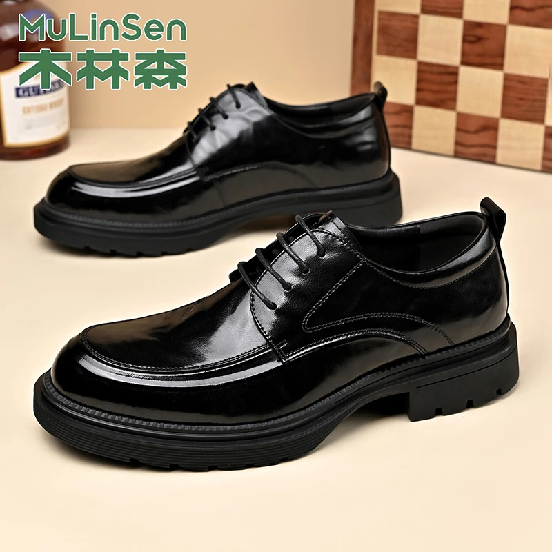 木林森男鞋厚底结婚百搭防滑男款新款休闲皮鞋英伦风通勤正装真皮
