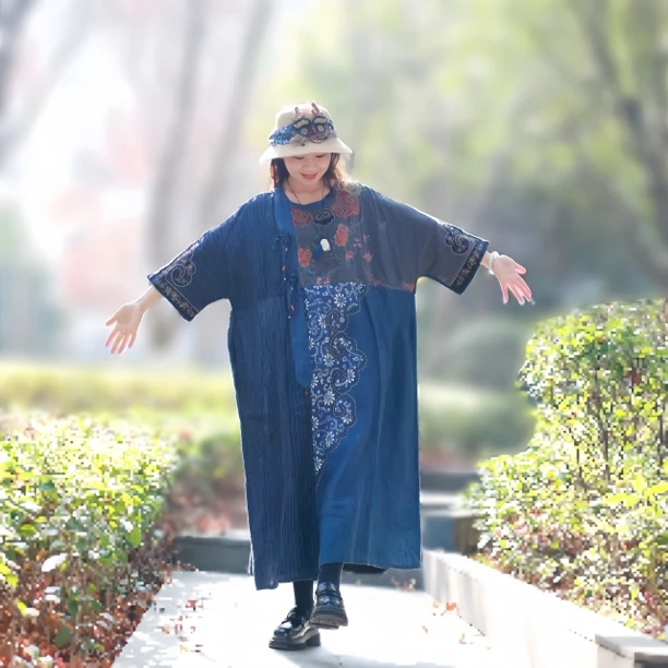 【篱落秋晨】楚馨仿老刺绣拼色文艺复古设计师原创民族风亚麻连衣裙