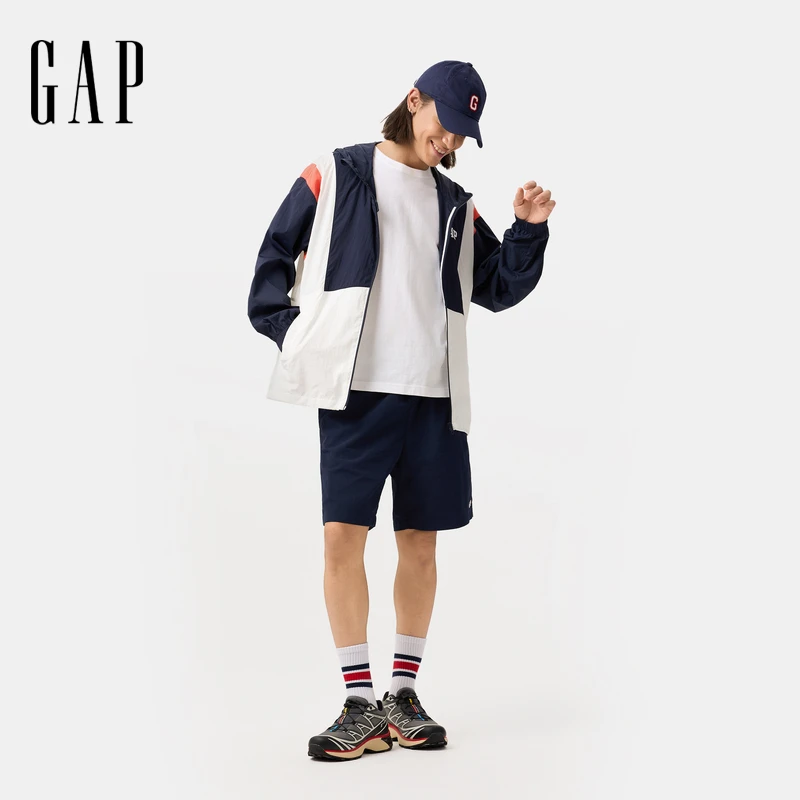 Gap男女装2025春季新款logo撞色半高领常规连帽防晒衣外套723067