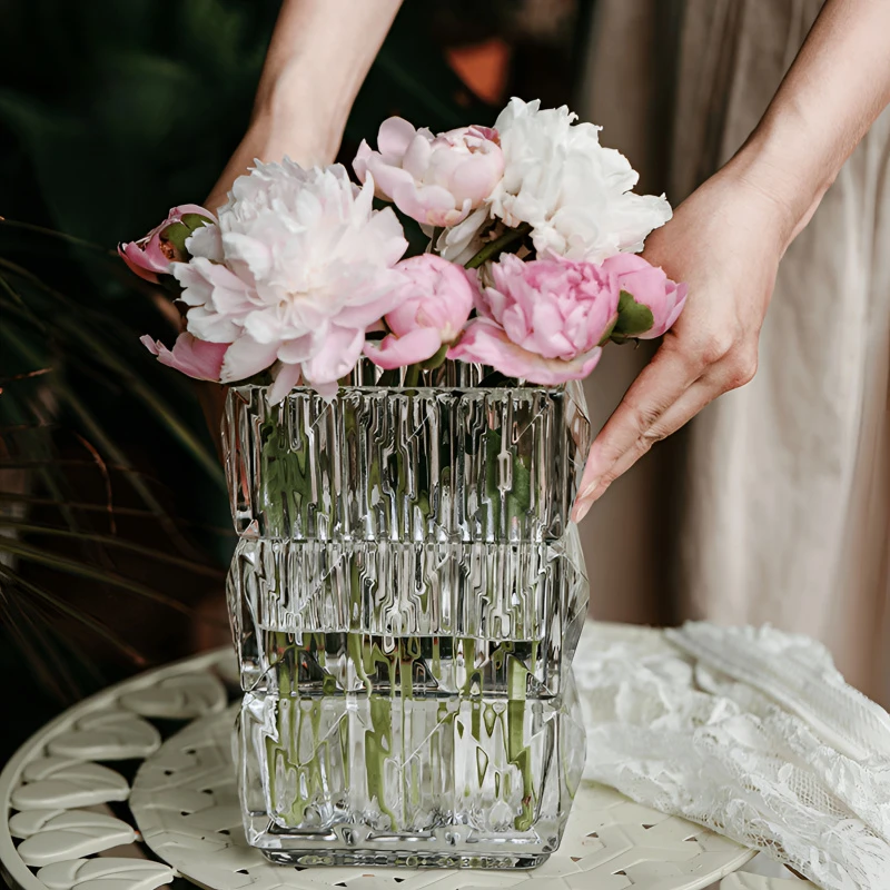 以舟20CM高水晶玻璃卢索扁方璀璨花瓶装饰品轻奢风摆件插花高级感