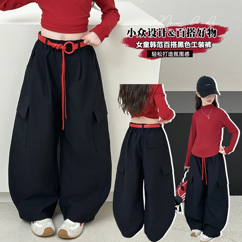 女童黑色工装裤春秋款2025新款儿童秋季洋气弯刀裤子大童潮酷穿搭
