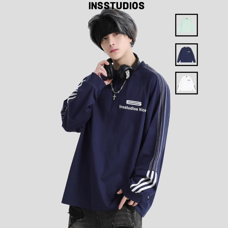 INSstudios国潮情侣美式凉感虚线三杠LOGO插肩长袖宽松打底T恤男