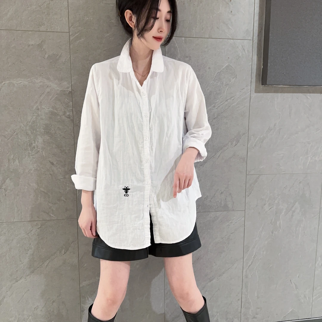 休闲百搭高级水洗棉小蜜蜂刺绣白色衬衫衬衣长袖时尚夏季春夏薄款