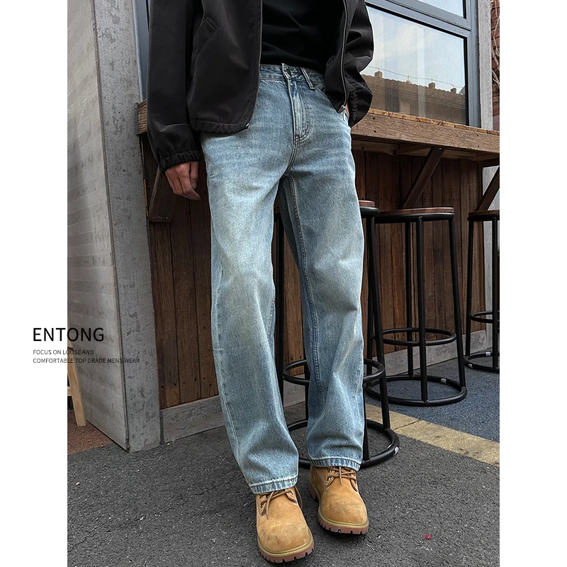 Entong高级感水洗蓝cleanfit牛仔裤男士美式复古宽松直筒大码长裤