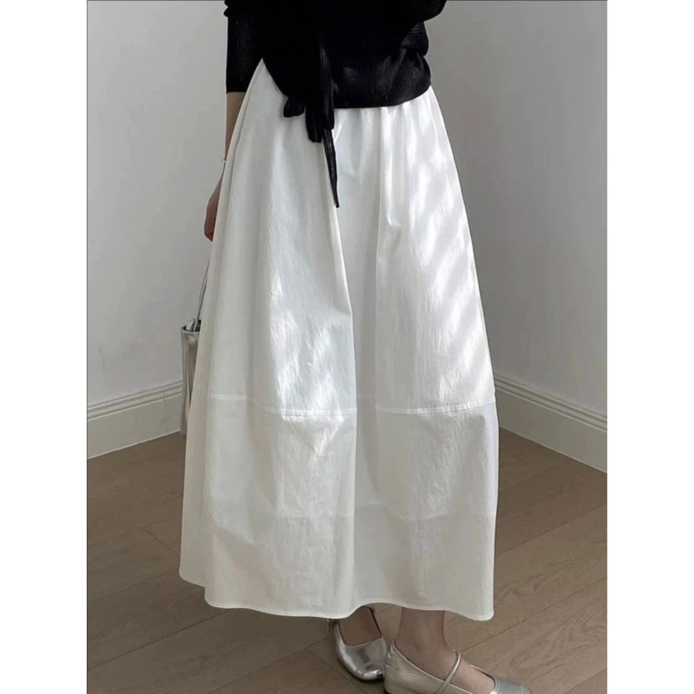 【现货】气质白色半身裙女夏季韩系长款蓬蓬花苞裙高腰显瘦a字长裙