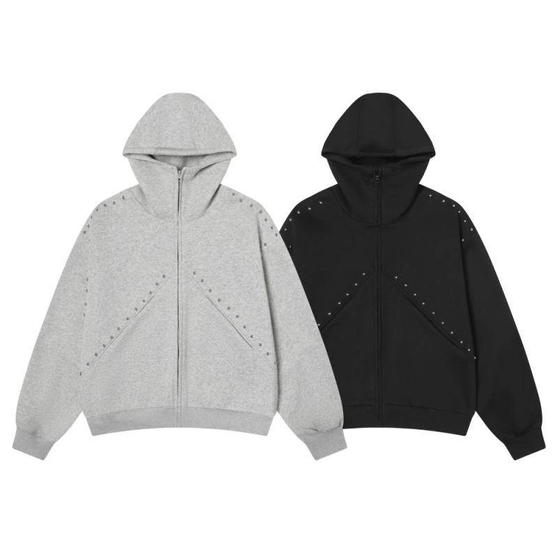 秋季新款铆钉拼接连帽卫衣男潮牌宽松休闲情侣外套青少年时尚外衣